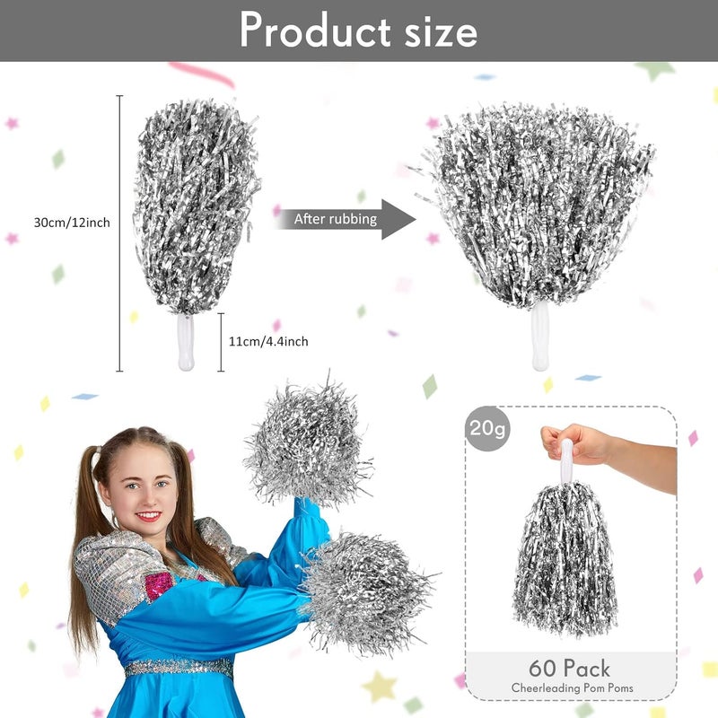 Jerify 60 Pcs Cheerleading Pom Poms Metallic Foil Cheer Pompoms Bulk with Plastic Handle Cheering Costume Accessory for Football Basketball Cheering Squad Team Spirit Dance Sport Stage Performance - Image 2